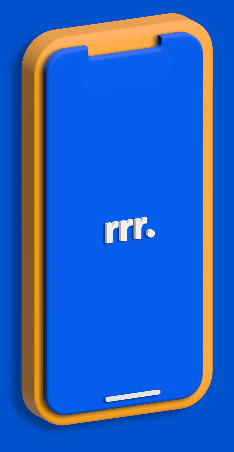 imagen de un teléfono con el logo de la aplicación: rrr.